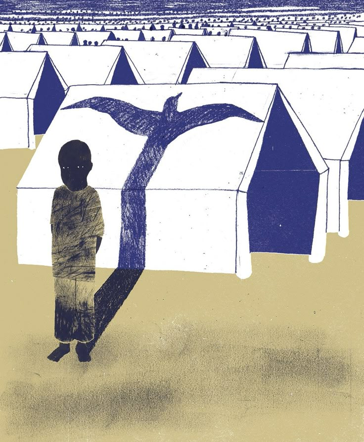 an illustration of a boy standing in front of a group of tents with the shape of a bird on it