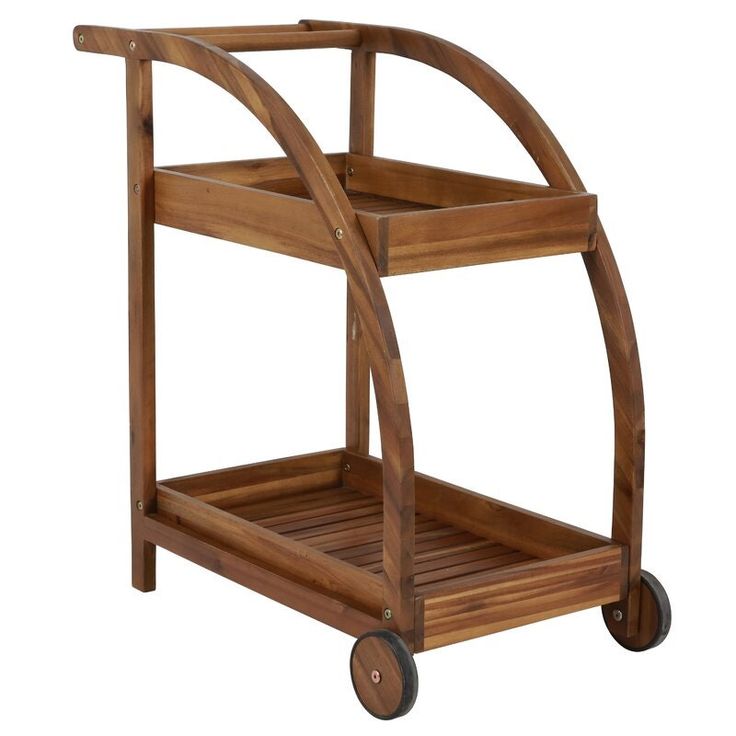 a wooden serving cart with wheels is shown