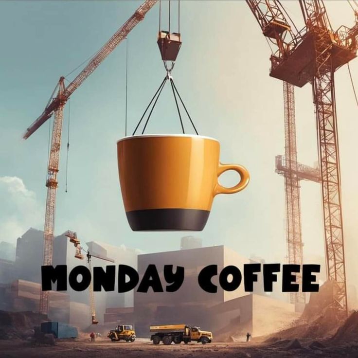 a coffee cup suspended from a crane with the words monday coffee above it and construction cranes in the background