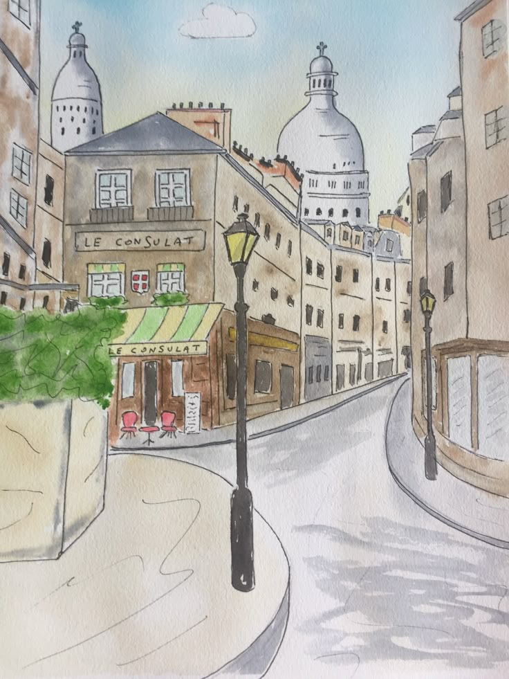 a drawing of a city street with buildings on both sides and a lamp post in the middle