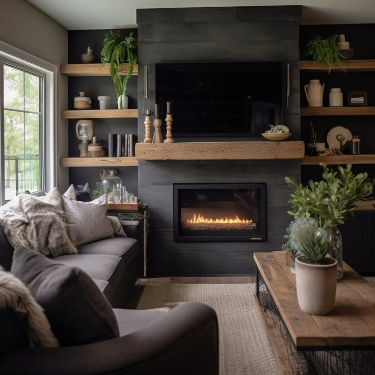 a living room filled with furniture and a fire place next to a wall mounted tv