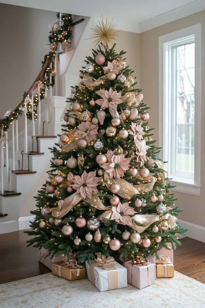 a decorated christmas tree with pink and gold ornaments on it in front of a staircase