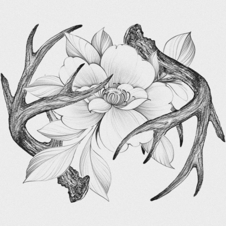 Horns & flower tattoo design Deer Horns With Flowers Tattoo, Witchy Western Tattoo, Flower Antlers Tattoo, Horse Flower Tattoo Design, Antler Tattoos For Women With Flowers, Womens Country Tattoo Ideas, Horns And Flowers Tattoo, Halo Horns Tattoo, Elk Horn Tattoo Women