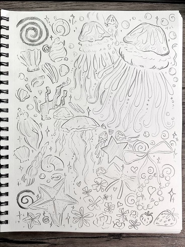 jellyfish, starfish, jellyfish drawing, stars, pearls, shells Jellyfish Doodle, Doodle Aesthetic, Piskel Art, Sea Stars, Art Diary, Arte Sketchbook, Arte Inspo, Cute Doodle Art, Doodle Art Designs