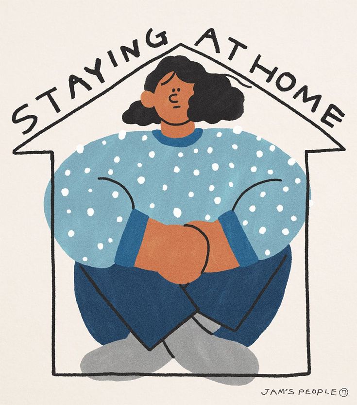 a drawing of a woman sitting in front of a house with the words stay at home