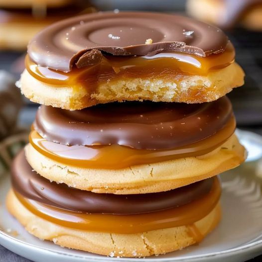 a stack of chocolate covered cookies sitting on top of a white plate