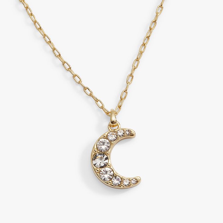 A powerful symbol of wisdom and change, the moon is a reminder to listen to your intuition and trust that your inner voice will bring you where you need to be. This Moon and Crystal Necklace features a crescent moon charm, adorned with sparkling crystal glass stones, on an 16”-18” adjustable chain. Layer this necklace with other symbols for a look that tells your unique story. Listen To Your Intuition, Symbol Of Wisdom, Anchor Charm, Best Friend Necklaces, Moon Pendant Necklace, Inner Voice, Soft Toothbrush, Moon Charm, Statement Bracelet