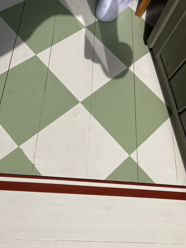 an overhead view of a green and white tiled floor