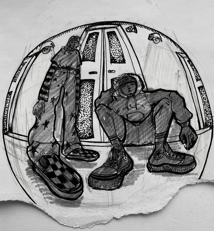 a drawing of two people sitting in front of a mirror with shoes on the floor