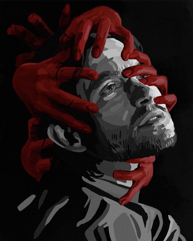 a painting of a man with red hands on his face