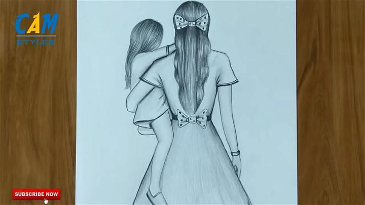 a pencil drawing of two women facing each other with their backs to the camera,