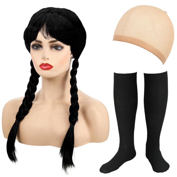 PRICES MAY VARY. Cosplay Set: you will receive 3 pieces of Halloween girls cosplay costumes, including 1 pair of solid black socks, 1 piece of black braided wig and 1 piece of fleshcolor hat for wig, can fulfill your cosplay needs Quality Wig: our black braided wig is soft and smooth for touching, pretty comfortable, not itchy, realistic simulated scalp part at the top of the wig looks like real hair, designed in black with braided style, realistic and beautiful, will not hurt your real hair whe Costume For Girls, Women's Tights, Wig Hat, Quality Wigs, Braided Wig, How To Style Bangs, Real Hair, Black Wig