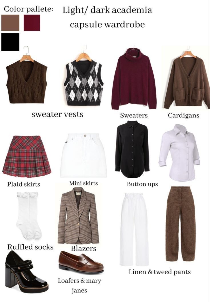 Dark Academia Aesthetic Capsule Wardrobe, Colourful Academia Fashion, Dark Academia Aesthetic Women Outfits, Types Of Academia Fashion, 30s Women Style, Dark Academia Clothes List, Light Academia Basic Wardrobe, Dark Academia Outfit Keywords, Petite Dark Academia