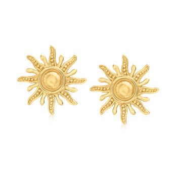 Ross-Simons - 14kt Yellow Gold Textured and Polished Sun Stud Earrings. Bright, powerful and full of new beginnings -- the sun shares its majestic, meaningful beauty with us each day. Embrace those sentiments and look lovely doing so with our charming 14kt yellow gold sun stud earrings. Textured and polished finishes. Post/clutch, 14kt yellow gold sun stud earrings. Beauty 2023, Jewelry Stack, Sun Earrings, Meaningful Beauty, Gold Sun, Natural Gold, April 16, Stacked Jewelry, Meow Meow