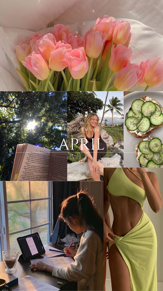 the collage has pictures of women in bikinis and tulips on them