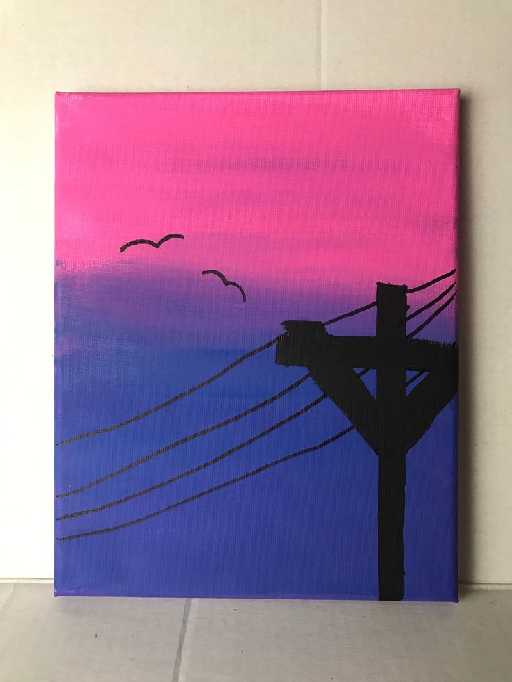 an acrylic painting of power lines and birds flying in the sky at sunset