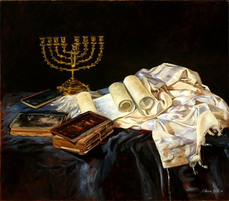 an image of a still life with books and a menorah