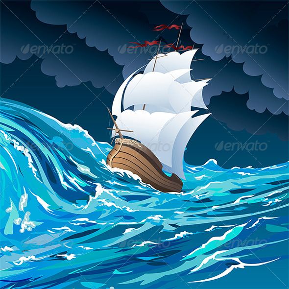 an old sailing ship in the ocean on a stormy night with dark clouds and waves