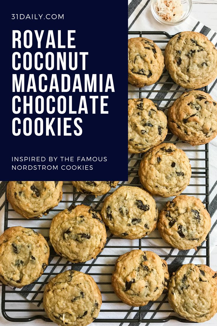 royal coconut macadama chocolate cookies on a cooling rack with the title above it