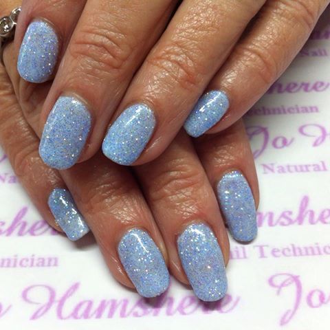 Baby Blue Nails With Glitter, Baby Blue Nail Art, Blue Shellac, Blue Shellac Nails, Nail Art With Glitter, Art With Glitter, Glitter Gel Nail Designs, Shellac Nail Colors, Blue Gel Nails