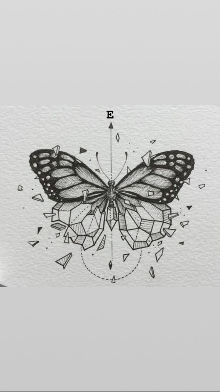 a black and white drawing of a butterfly with geometric shapes on it's wings