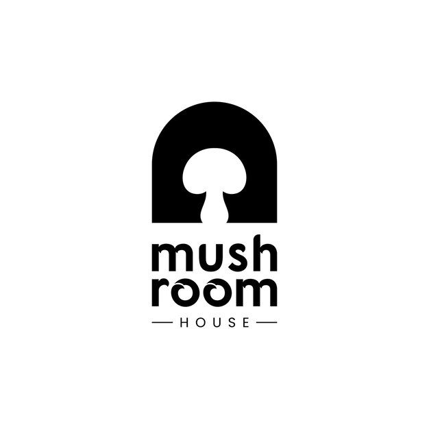 the mushroom room house logo is black and white with an oval shape in the center