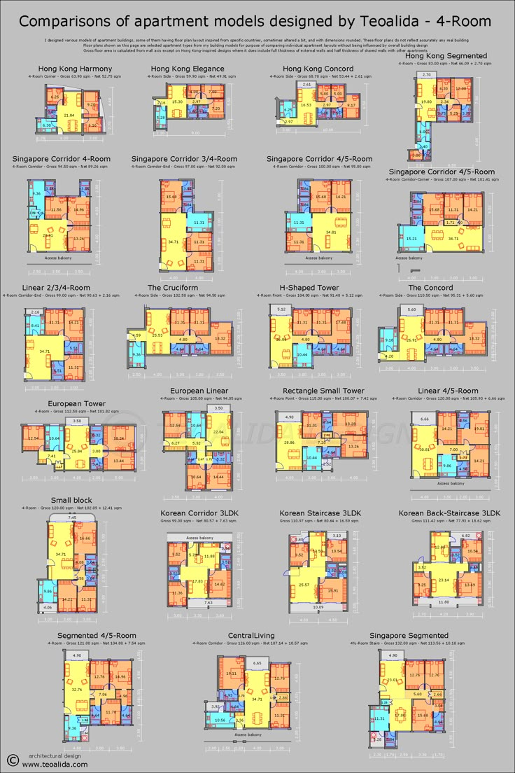 the floor plan for an apartment complex with multiple rooms and two bathrooms, all in different colors