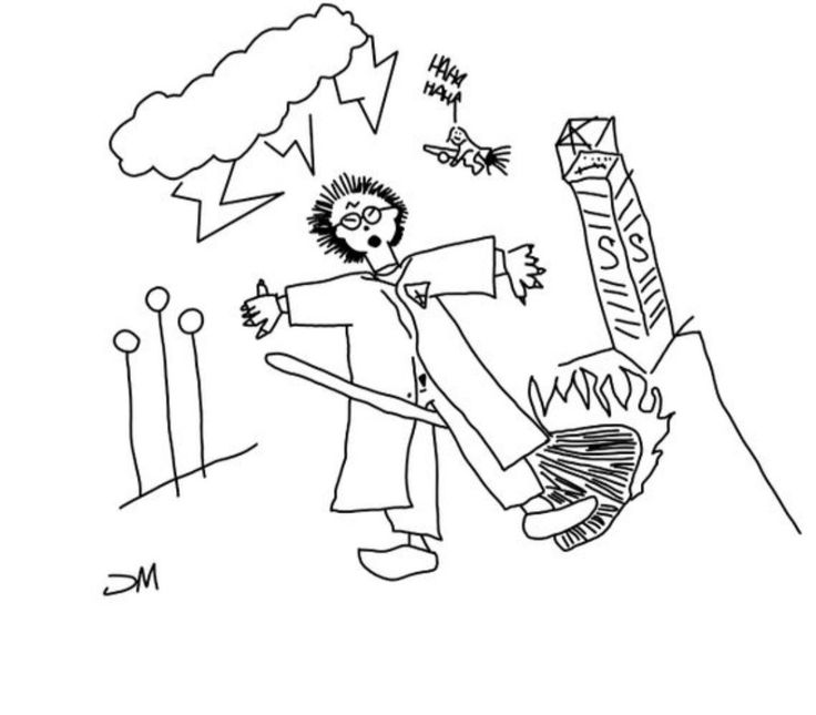 a black and white cartoon drawing of a man holding a fire extinguisher