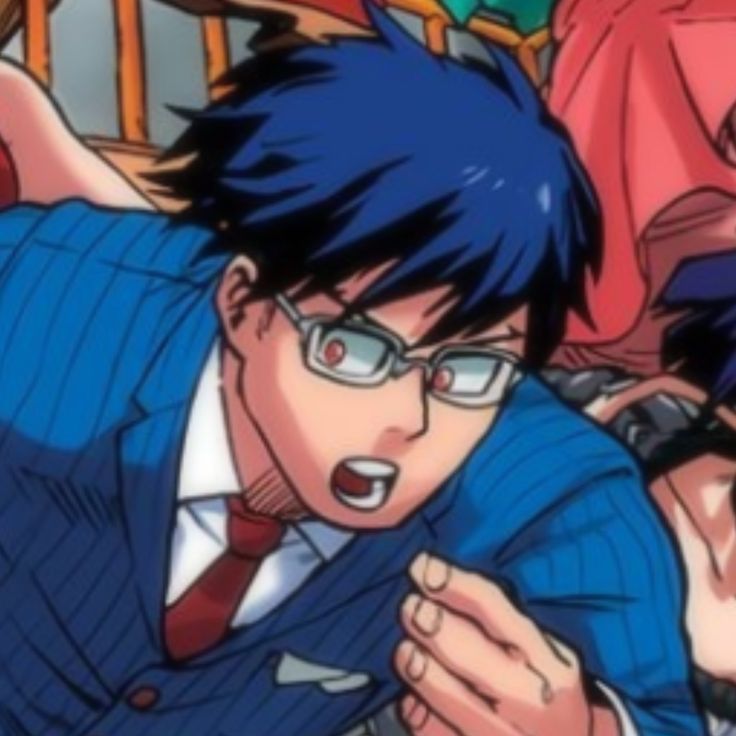 an anime character with blue hair and glasses in front of other characters wearing red ties