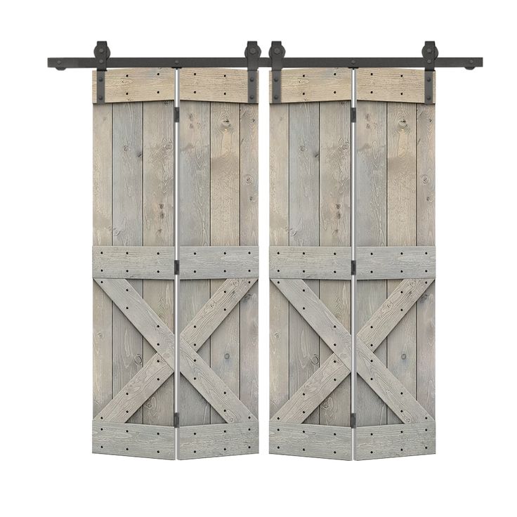 two wooden doors with metal bars on the top and bottom, one closed to reveal an open door