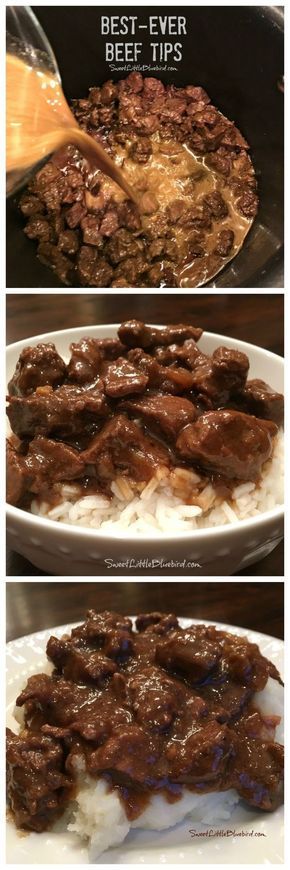 beef and rice is being cooked in the slow cooker, then served with gravy