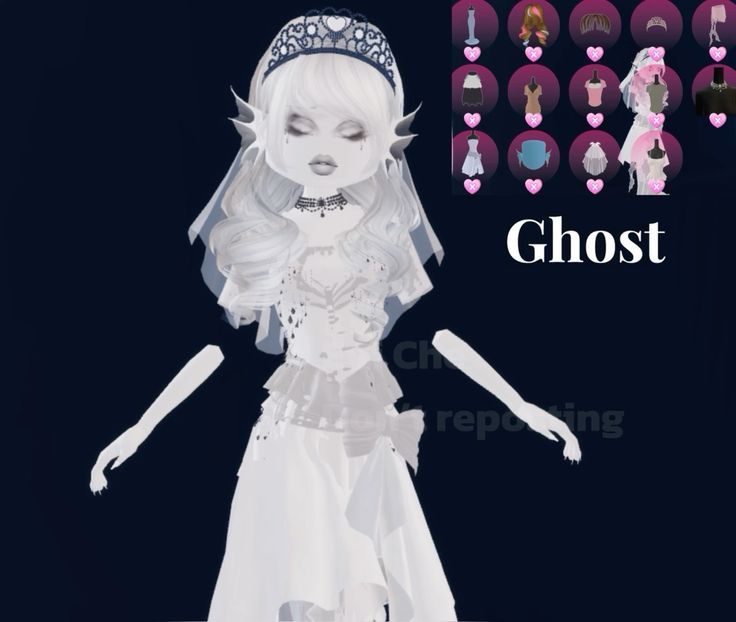 an animated image of a woman wearing a white dress and tiara, with the words ghost above her head