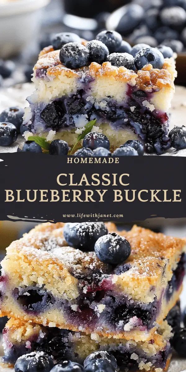 blueberry cheesecake stacked on top of each other with the words homemade classic blueberry buckle