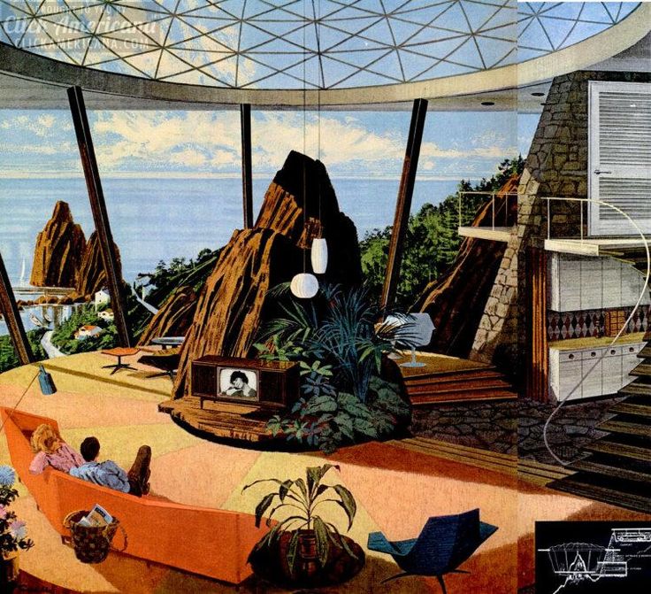 a painting of people sitting in chairs on the beach under a glass dome over looking the ocean