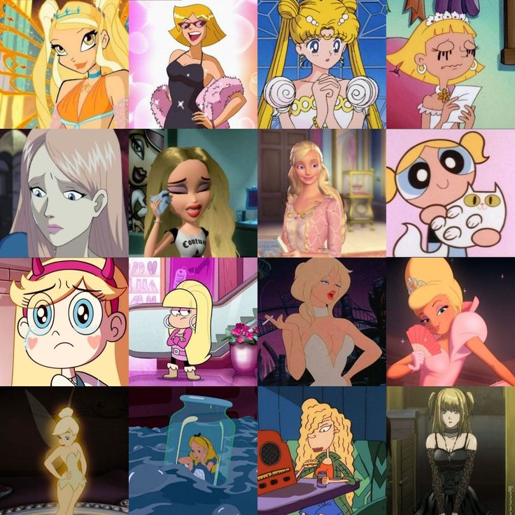 many cartoon characters are shown together in this collage, including one girl with blonde hair and