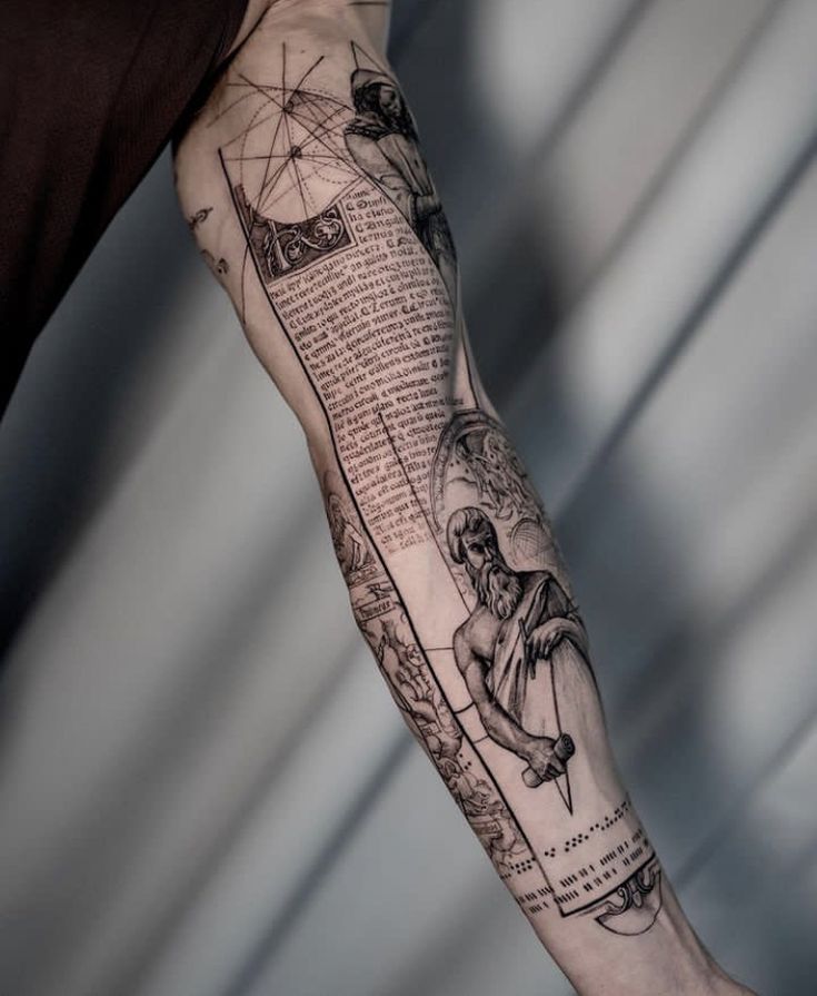 a man's arm with an old book page tattoo on the left upper arm