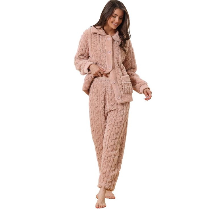 Fluffy Fleece Pajama Set Soft Warm for cold winter season. Featrued Pockets Button Down Long Sleeve, elastic waist wide-leg pants. This fleece pajama set is easy to put on or take off, which can give you a warm and cozy wear experience, and keep you nice and comfortable all day. Made of super fleece fabric, this fleece pajama set for women is soft, thick, and comfortable to wear. This fleece long sleeve pajama set features point collar, button front, keeping warm at winter and ensuring cozy wear Cozy Winter Sleepover Sets, Winter Loungewear Sets, Cozy Loungewear Sets For Fall, Cozy Lounging Sets For Fall, Winter Season, Pajama Set, Wide Leg Pants, Elastic, Long Sleeve