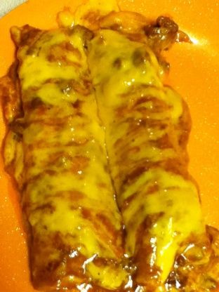 an orange plate topped with two enchiladas covered in cheese