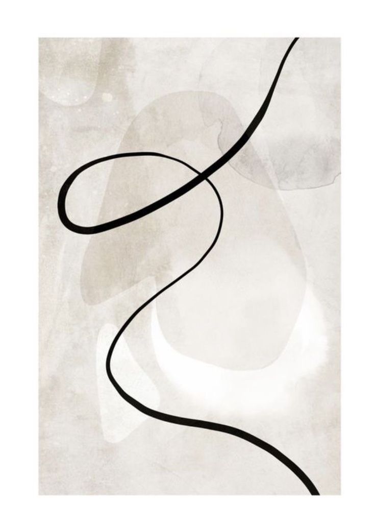 an abstract painting with black and white lines on the bottom, in front of a light gray background