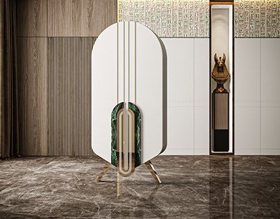 an art deco bathroom with marble flooring and walls, including a round mirror on the wall