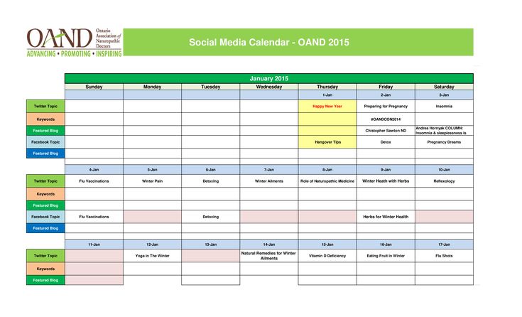 the social media calendar is shown in green and yellow colors, with an arrow pointing to it