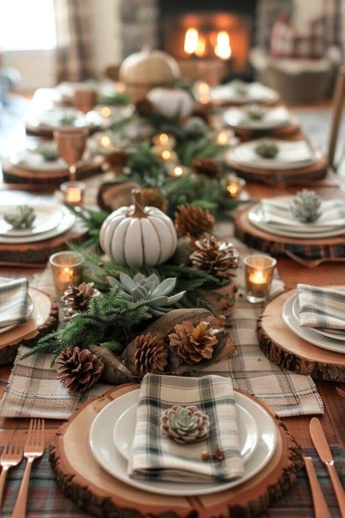 the table is set with pine cones and plaid napkins