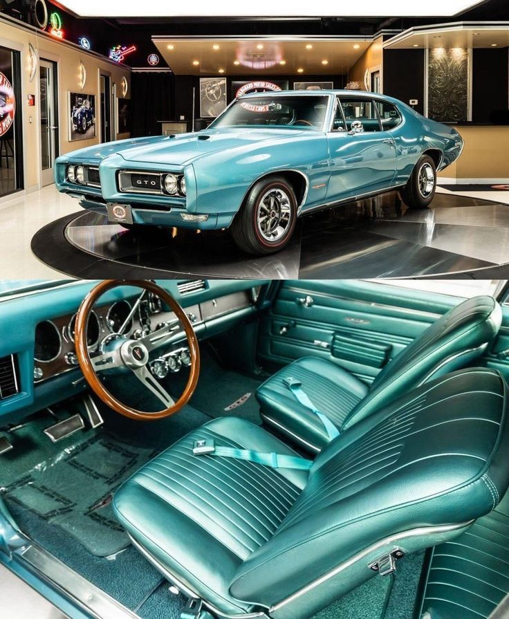 the interior of a car is shown in two different pictures, one blue and one green