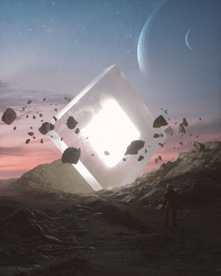 an artist's rendering of a cube in the sky with rocks falling from it