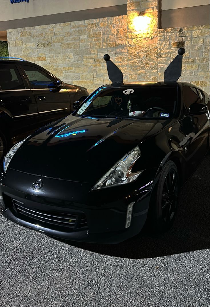 two black sports cars parked in front of a building with birds on the hoods