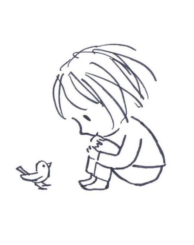 a drawing of a little boy kneeling down to feed a small bird on the ground