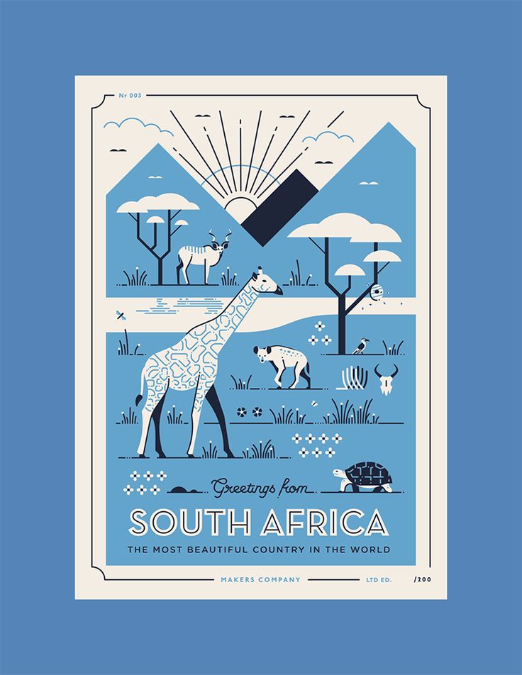 a blue and white poster with a giraffe standing in the middle of it