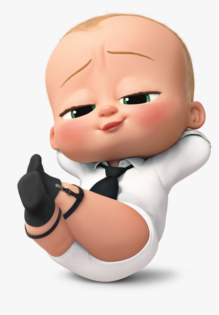 a cartoon baby in a suit and tie with his legs crossed, pointing to the side