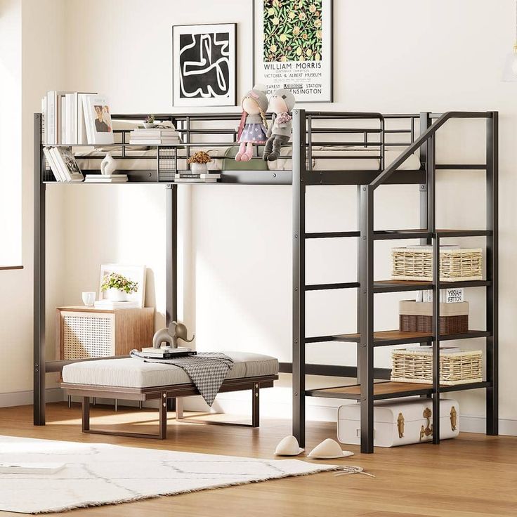 a loft bed with a desk underneath it in a living room next to a window