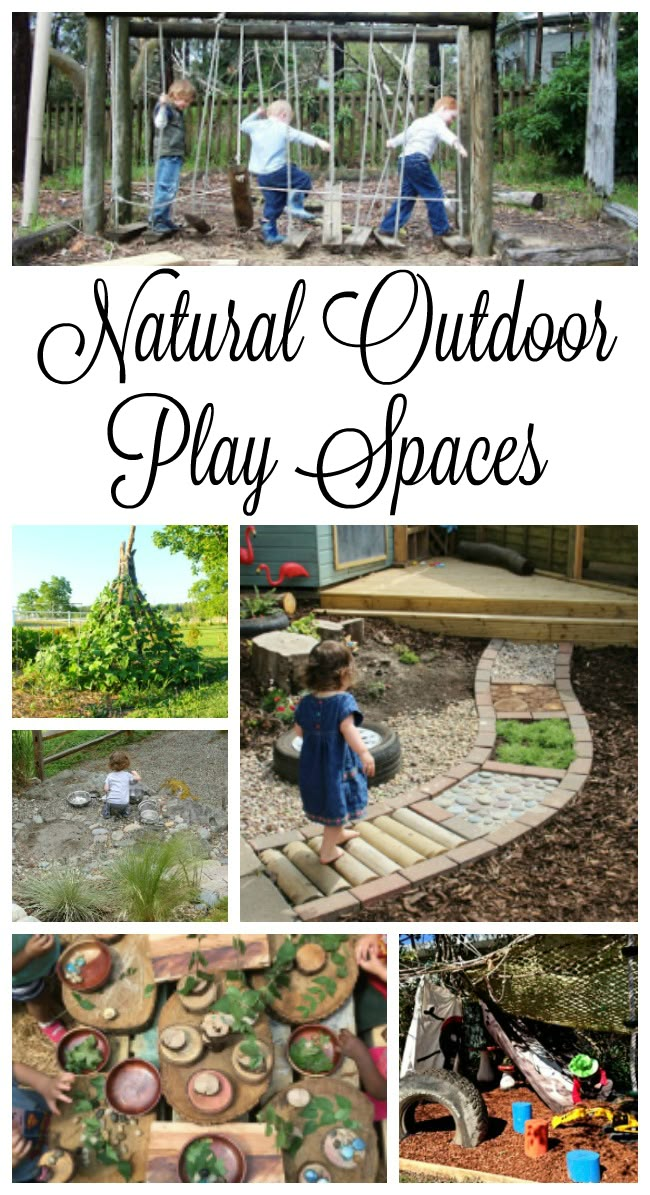 several pictures with the words natural outdoor play spaces